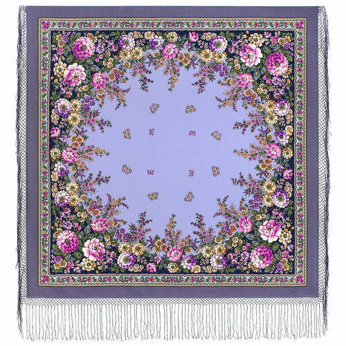 фото Шаль павловопосадская платочная мануфактура, шерсть, с бахромой, 148х148 см, фиолетовый