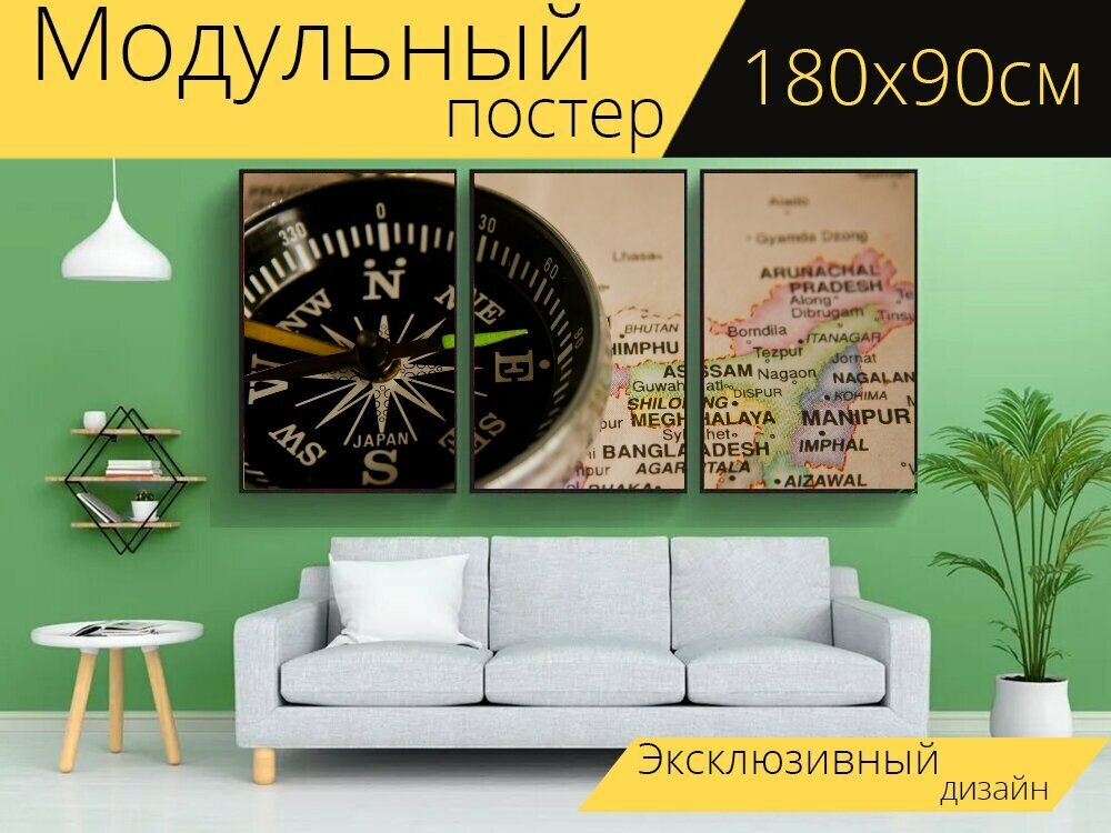 Модульный постер "Компас, навигация, карта" 180 x 90 см. для интерьера