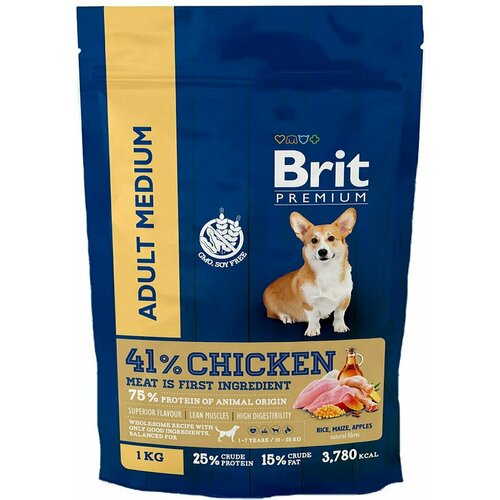 Brit / Сухой корм для собак Brit Premium Dog Adult Medium для средних пород с курицей 1кг 1 шт