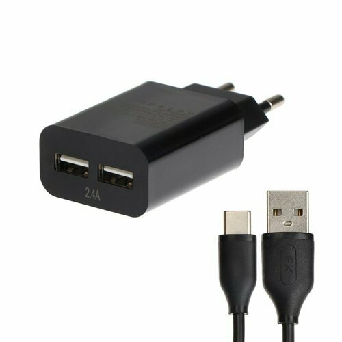 Сетевое зарядное устройство Exployd EX-Z-1424, 2 USB, 2.4 А, кабель Type-C, 1 м, черное (комплект из 4 шт) черный