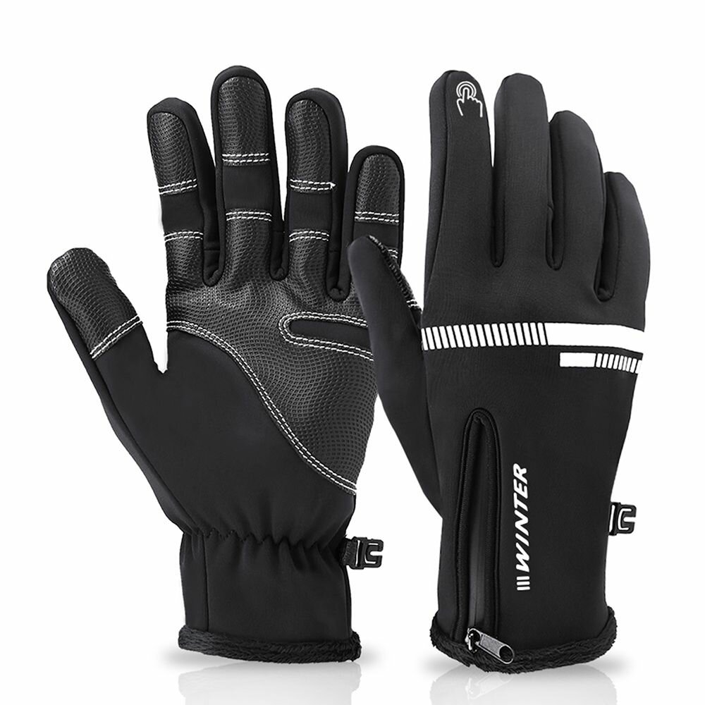 Зимние водоотталкивающие спортивные перчатки с теплой подкладкой для сенсорного экрана черные - XL