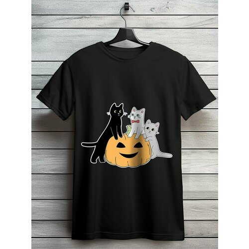 фото Футболка hypnotica футболка унисекс черная из хлопка с dtf принтом хеллоуин котик и тыквы (осень, подарок, helloween) - 9459, размер m, черный