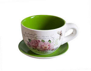 Горшок MC-1904030-1 цветочный керамический чашка с блюдцем, 15х10 см (зеленый) flatel