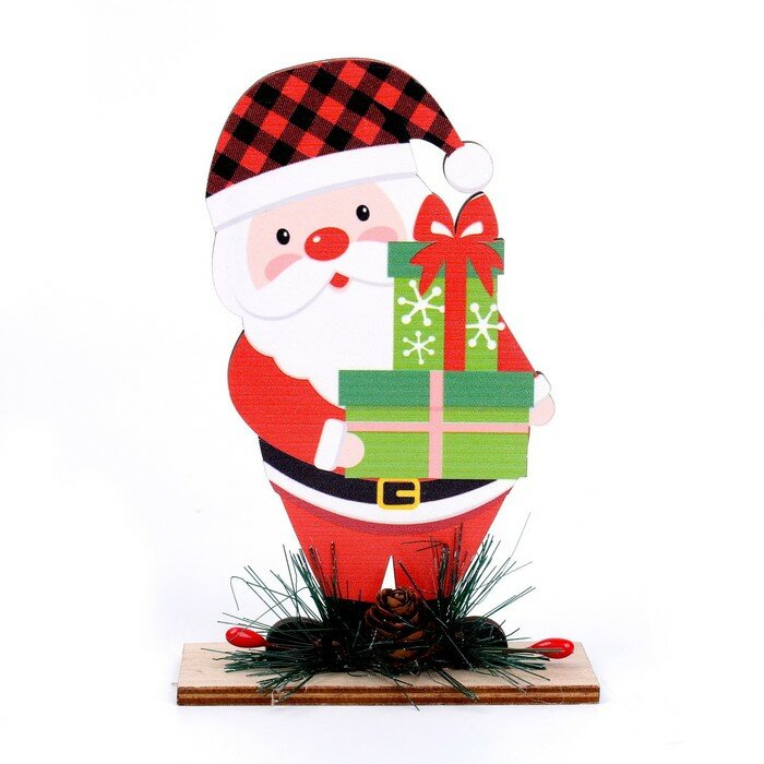 Новогодний декор КНР "Дед Мороз и подарки", дерево, 9,5х4х15 см