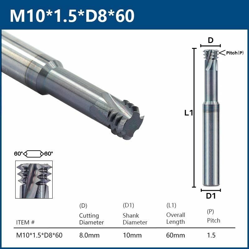 Резьбофреза трехзаходная XCAN, HRC60 M10х1.5хD8х60