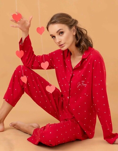 Пижама CLEVER, брюки, рубашка, длинный рукав, пояс на резинке, трикотажная, размер 44, красный