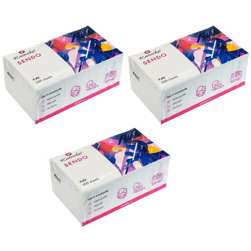 Kaineko Салфетки бумажные Сендо, 2-слойные, 200 штук, мягкая упаковка, 3 уп