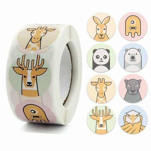 Наклейка бумага Звери в пастельных цветах d25 см 500 шт в рулоне 3х6х6 см 515₽