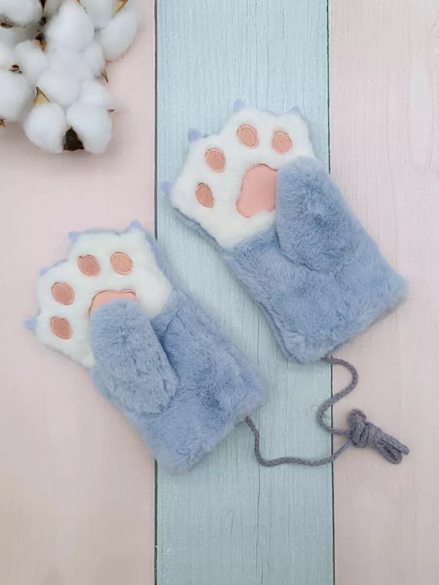 фото Варежки зимние детские 5-7 лет "лапки" с мягкой подкладкой, на веревке нетеряшки, двухслойные, утепленные