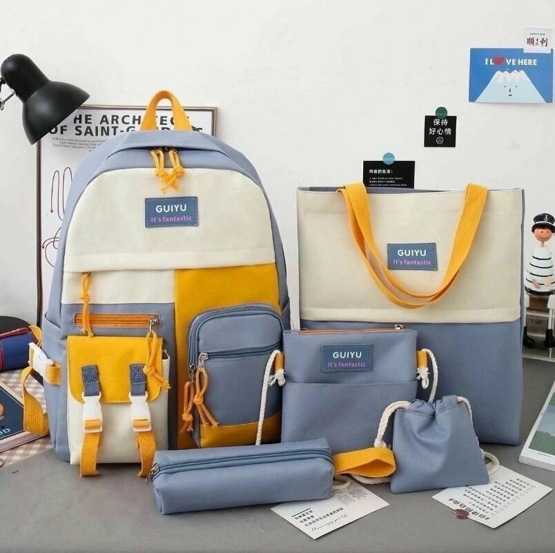 фото Стильный рюкзак для школы, выгодный комплект 5 в 1: рюкзак, шопер, маленькая сумка, мешочек и пенал; школьный портфель