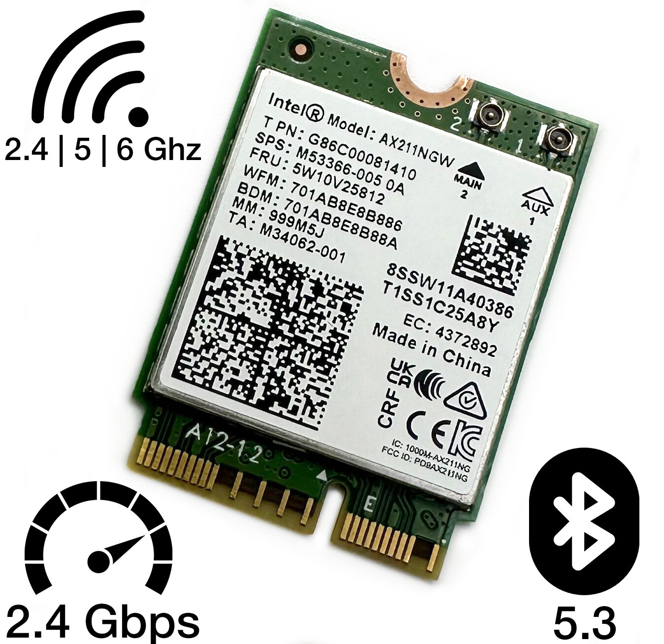 Адаптер WiFi 6E Intel AX211NGW (M.2, N, AC, AX, 2.4 Gbps, 2.4/5/6Ghz, Bluetooth 5.3)