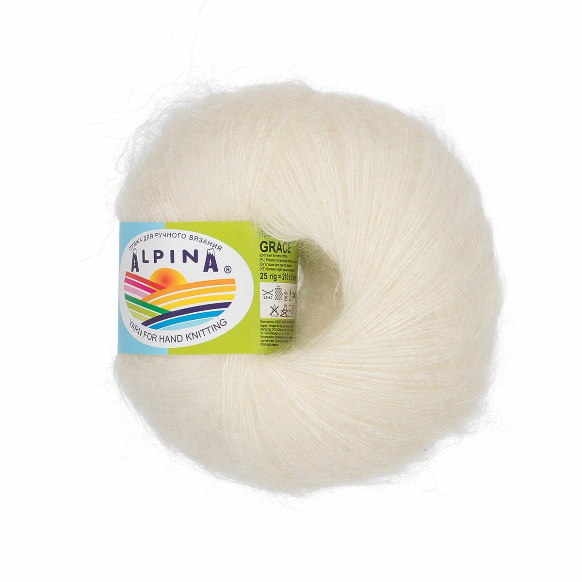 фото Пряжа ALPINA "GRACE" 72% супер кид мохер, 28% шелк 1 шт. х 25 г 210 м №01 белый (натуральный)