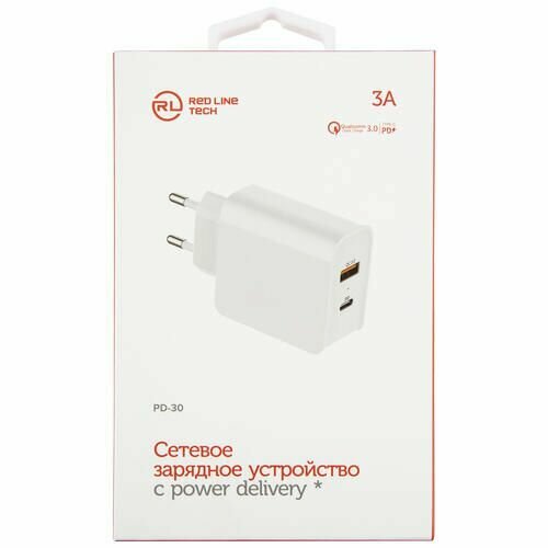 Сетевое зарядное устройство Red Line Tech USB + Type-C (модель PD-30), 3A, QC3.0 + PD30, белый УТ000026779 - фото №4