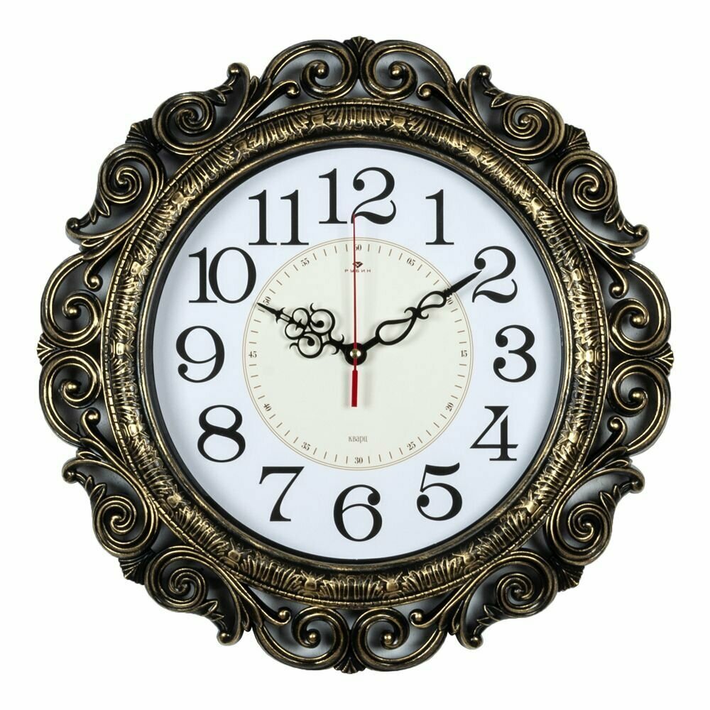 Часы настенные круг ажурный 40,5см, корпус черный с золотом "Классика" "Рубин" Настенные часы, электронные часы на стену. Бесшумные часы для дома.