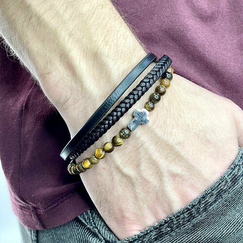 фото Браслет, металл, кожа, 1 шт., размер 22 см, черный нет бренда