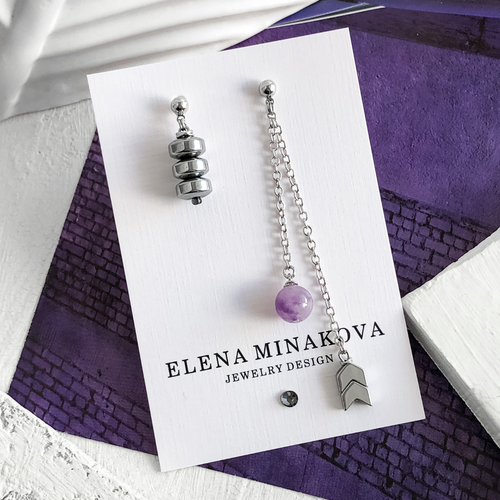 Серьги ELENA MINAKOVA Jewelry Design, аметист, гематит, размер 80 мм, фиолетовый