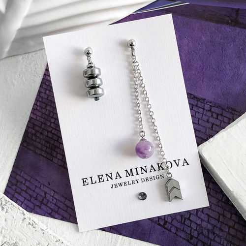 фото Серьги elena minakova jewelry design, родирование, аметист, гематит, размер/диаметр 80 мм., серебряный, серый