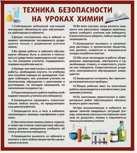 Изображение товара Стенд Техника безопасности на уроках химии размер 800 х 900 пластик 3 мм