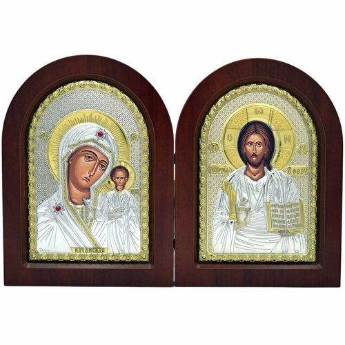 Серебряные иконы в складне: Казанская Божья Мать и Иисус Христос. 10 х 14 см