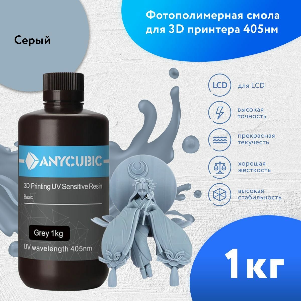 Фотополимерная смола для 3D принтера Anycubic Basic Resin 1Л Серая