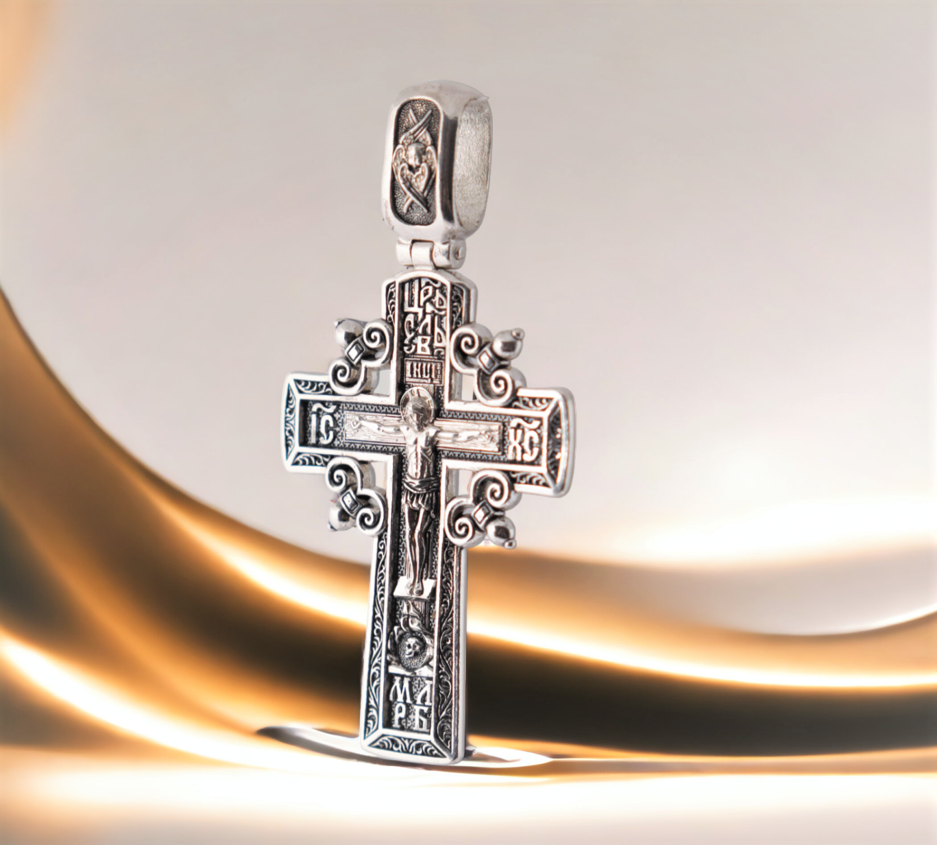 Крестик Леона Серебряный православный крест "Распятие Христа с молитвой" 925 проба, серебро, 925 проба, чернение