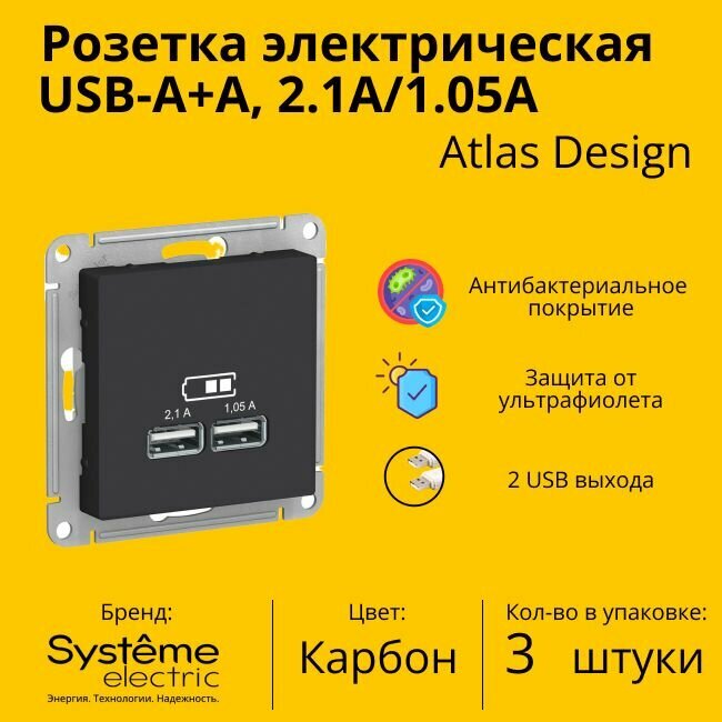 Розетка электрическая Systeme Electric Atlas Design USB-A, Карбон ATN01033 - 3 шт.