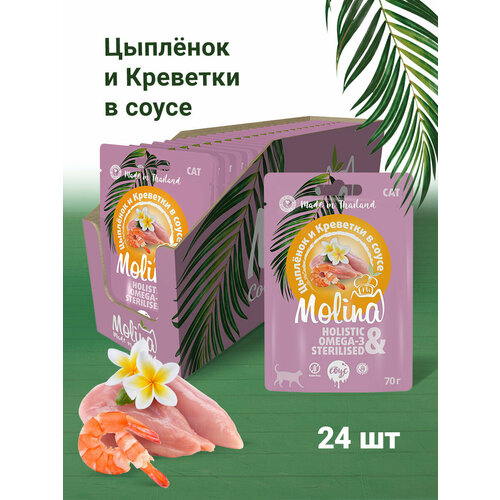 MOLINA, Пауч для кошек, Цыпленок и Креветки в соусе, 70 г, 24 шт