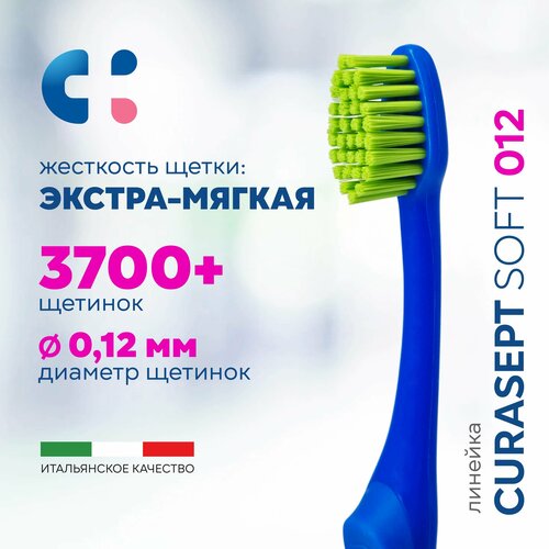 Зубная щетка экстра мягкая CURASEPT Extra Soft 012 для чувствительных зубов и десен + защитный колпачок, Курасепт, Италия, синий-салатовый