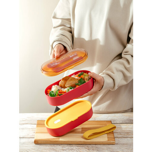 Ланчбокс с приборами двухуровневый Tetra 800мл бордовый 950₽