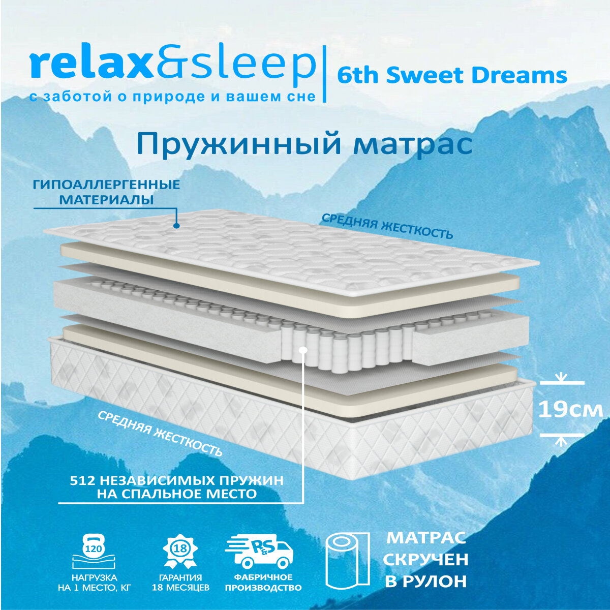 Матрас Relax&Sleep ортопедический, пружинный, 6th Sweet Dreams, ППУ, в скрутке (160 / 195)