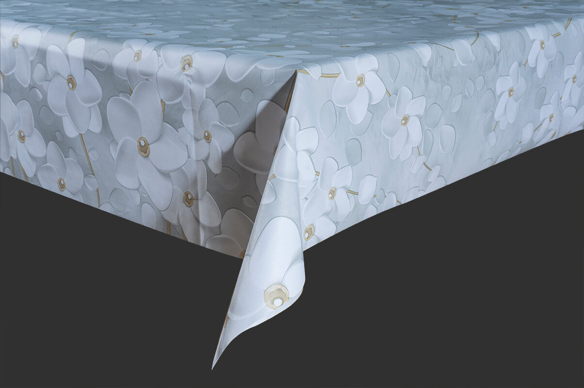 Скатерть-клеенка кухонная ткань с ПВХ покрытием 137х110 см принт - Белые цветы ST1087 GRACE