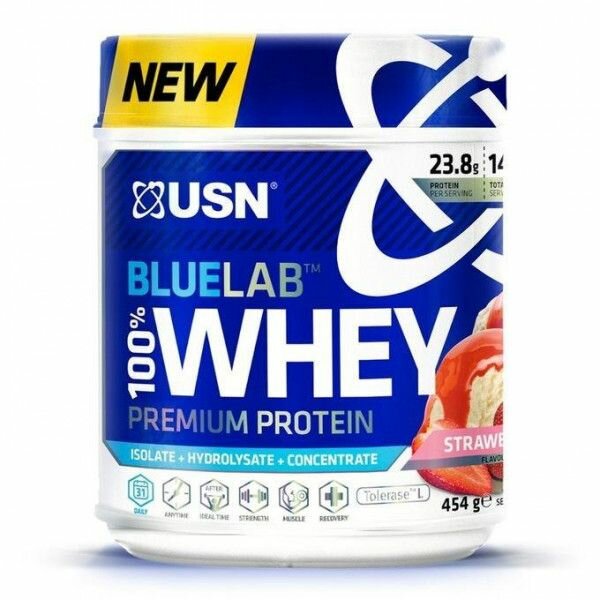 USN BlueLab 100% Premium Whey Straw блюлаб 100% ВЕЙ премиум протеин со вкусом клубники, порошок, 454 гр