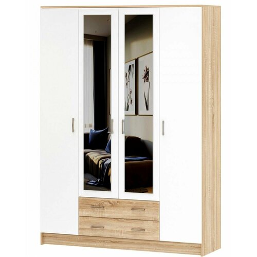 Шкаф Квадро четырехстворчатый Беатрис, Дуб сонома/Белый глянец