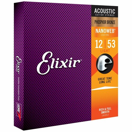 Струны для акустической гитары ELIXIR 16052 Phos Bronze, NW Light 012-053 elixir 16027 nanoweb custom light струны для акустической гитары