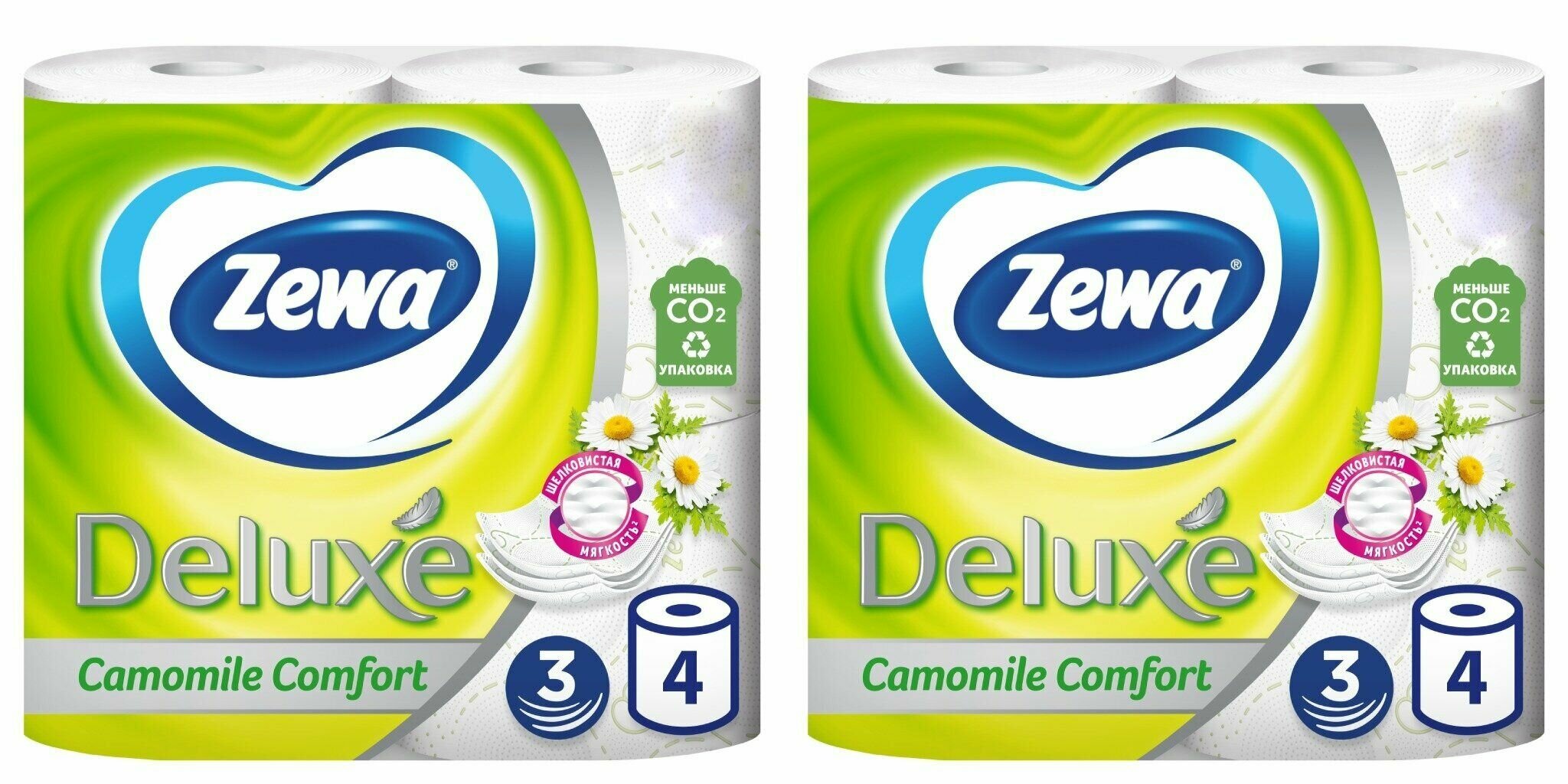 Трехслойная туалетная бумага Zewa Deluxe Camomile Comfort Ромашка, белый, 4 рулона - фото №1