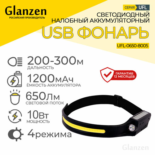 Светодиодный налобный аккумуляторный USB фонарь GLANZEN UFL-0650-8005 фонарь ручной tesla ufl