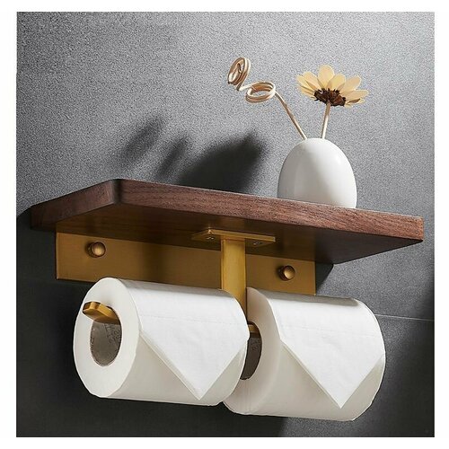Держатель для туалетной бумаги двойной DAENERO из дерева с полочкой для дифузора или телефон, самоклеящийся