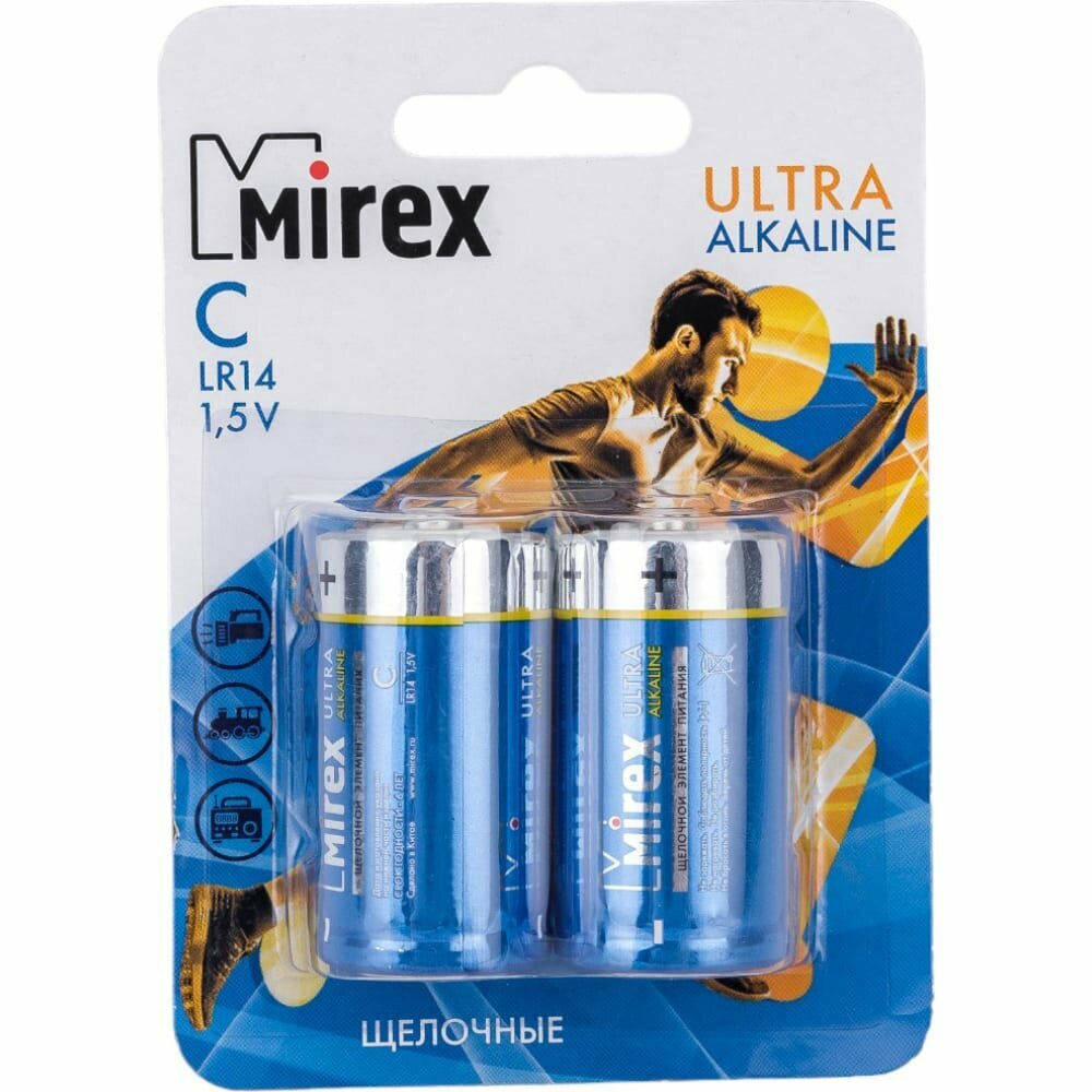 Батарейка алкалиновая Mirex, C, LR14-2BL, 1.5В, блистер, 2 шт.