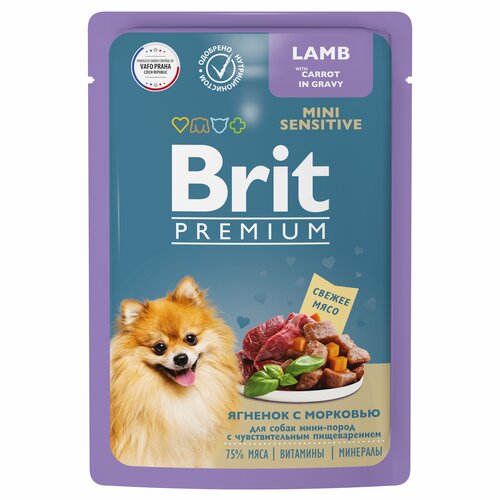Brit Premium пауч для взрослых собак мини пород с чувствительным пищеварением (кусочки в соусе) (Ягненок с морковью, 85 г.)