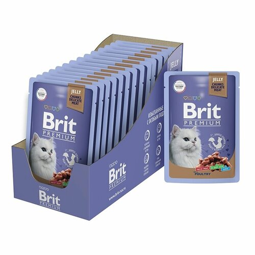 Корм влажный (паучи) Brit Premium Cat для взрослых кошек, кусочки в желе, ассорти из птицы, 85 г х 14 шт