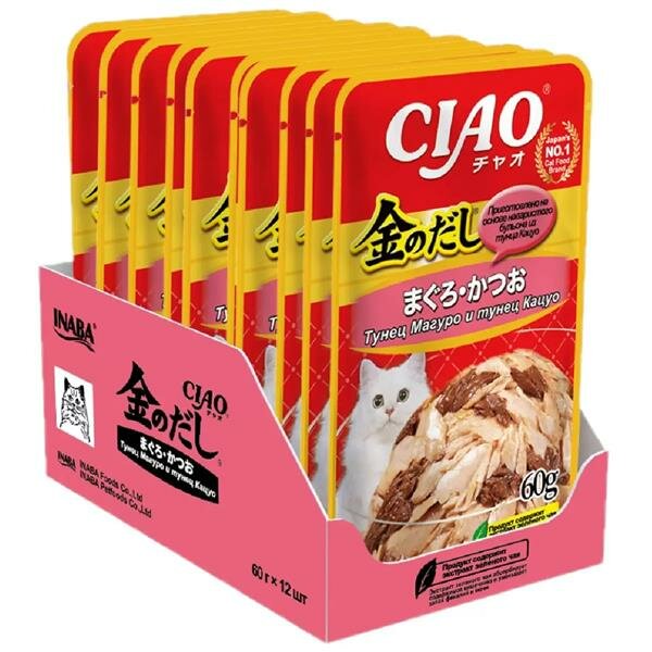 INABA Ciao Kinnodashi пауч для кошек тунец магуро и тунец кацуо в желе 12х60г