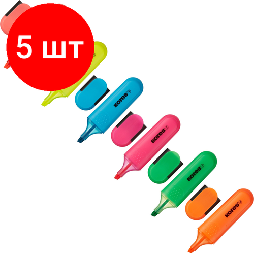 Комплект 5 наб, Набор текстовыделителей Kores BRIGHT LINER PLUS, ск нак,0.5-5мм,6цв