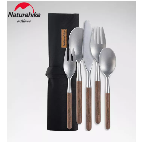 Набор столовых приборов Naturehike 5 в 1 нож 2 вилки 2 ложки нержавеющая сталь орех в чехле 5650₽