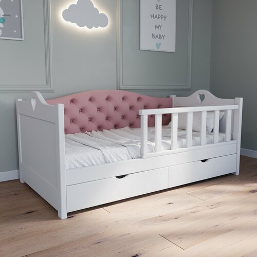 Детская кровать Оливия сердце с мягкой спинкой из массива Бука, цвет светло-розовый, с ящиками и бортиком mama-wood.com