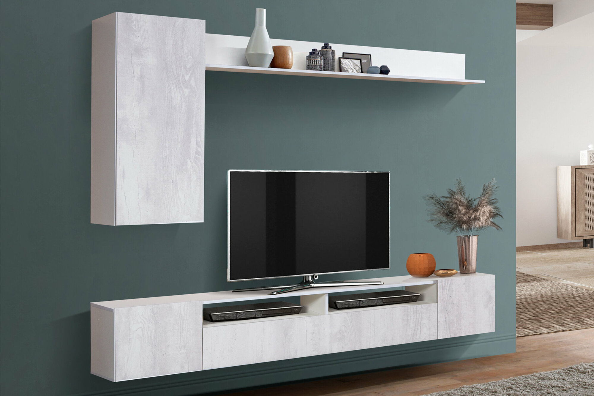 Стенка Нонтон Прага-2 белый / бетон пайн 213x35x170 см
