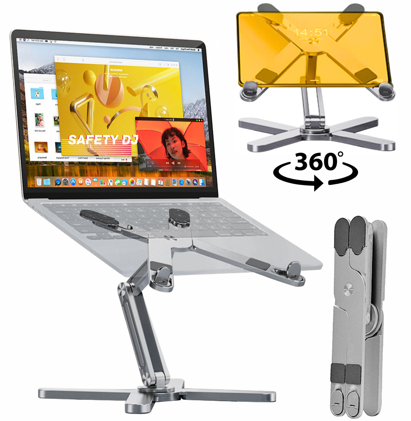 Подставка для ноутбука и планшета Safety DJ складная алюминиевая с вращением на 360 градусов регулировкой высоты и угла наклона (серебристая)