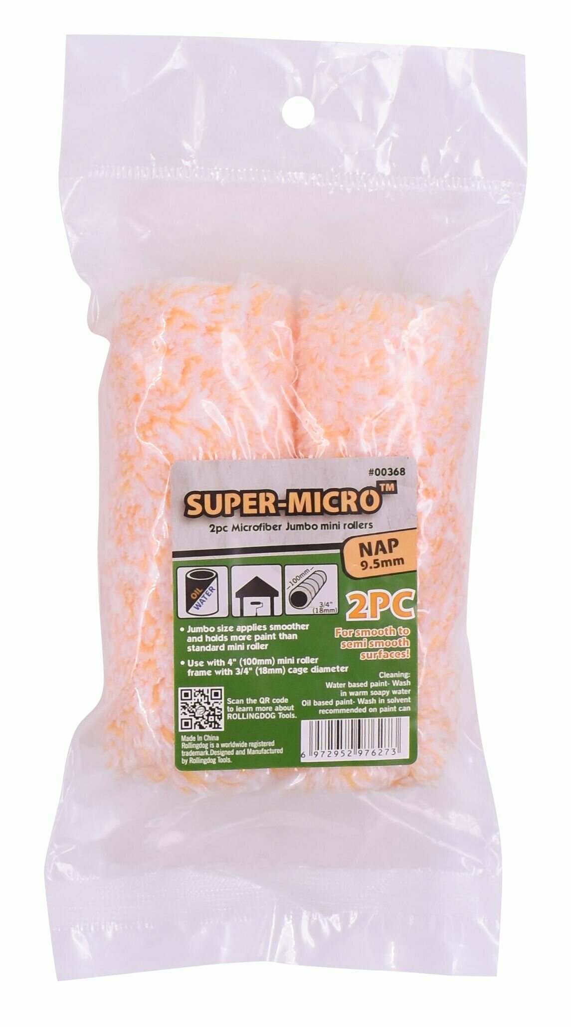 Малярный мини-валик ROLLINGDOG Super-Micro Jumbo из микрофибры, 100 мм, ворс 9,5 мм, диаметр крепления 18 мм, 2 шт.