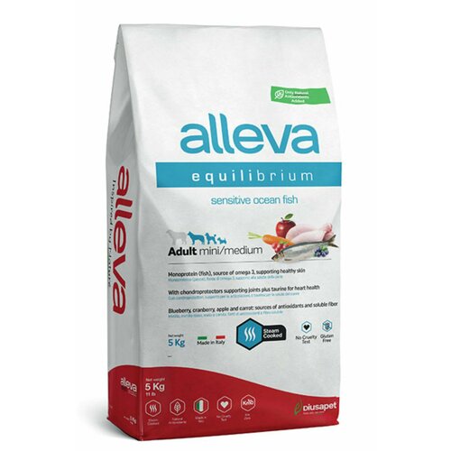 ALLEVA EQUILIBRIUM SENSITIVE DOG MINI MEDIUM беззерновой корм сухой для взрослых собак мелких и средних пород c океанической рыбой, 5 кг