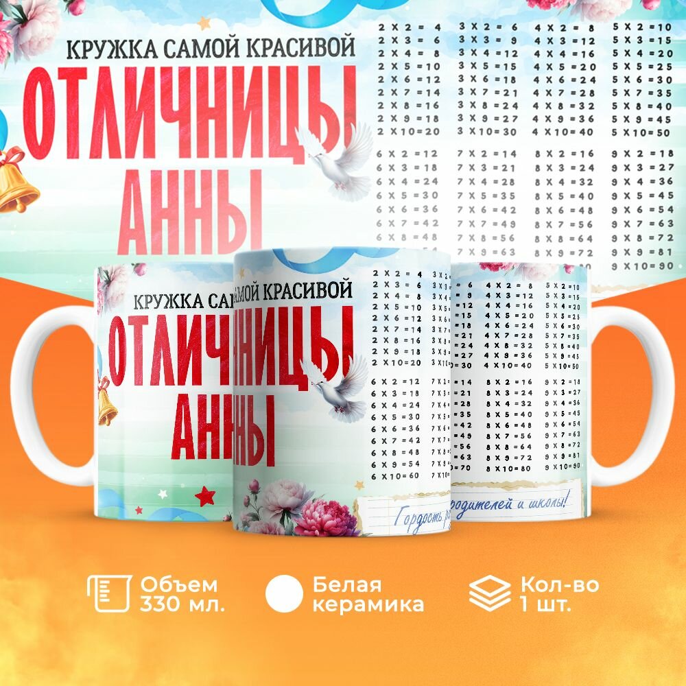 Кружка, "Самой красивой отличницы Анны", на день рождения дочки, в подарок для девочки, внучки с таблицей умножения 330 мл