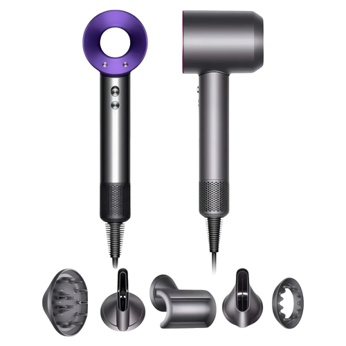 Фен для волос профессиональный/ Супер фен для укладки волос/ 5 магнитных насадок/ ионизация/ Silver/ Purple